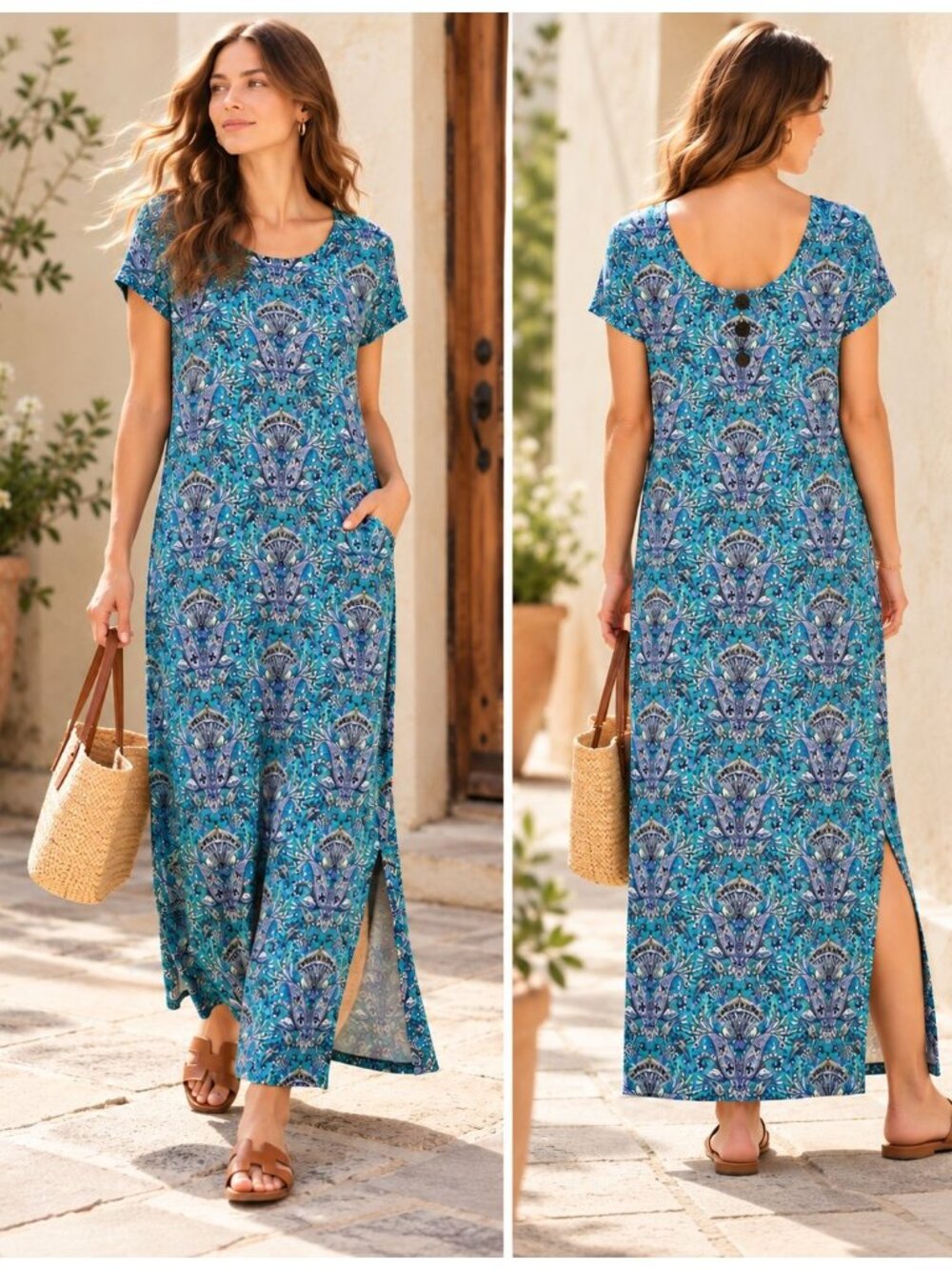 J. Jill Paisley Maxi Dress Sz S Teal Short Sleeve Side Slits Pockets Resort Boho